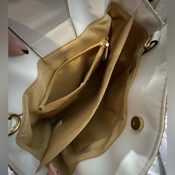 Liz Claiborne Tan White Wooden Handle Raffia Look Purse bag Euro Summer Classic - Picture 13 of 16